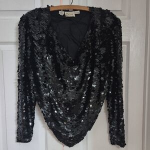 Vintage OLEG CASSINI Embellished Silk Blouse S Sequin Beaded Draped Party Top